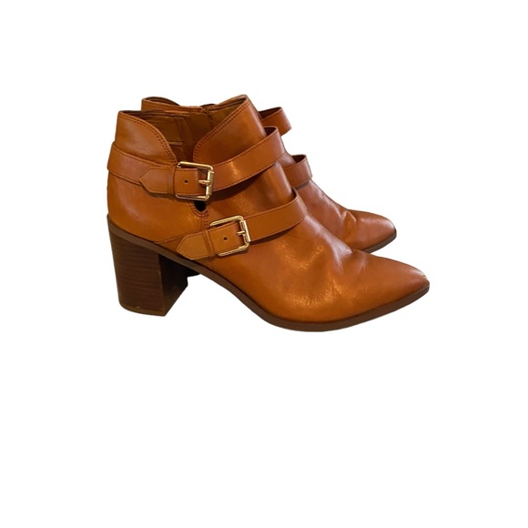 FRANCO SARTO CAMEL LEATHER ANKLE BOOTS WITH STRAPS WOMENS SIZE 10 STACKED HEEL - Picture 2 of 15